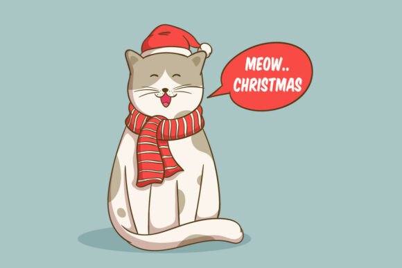Cute Cat Saying Meow Christmas Illustrations