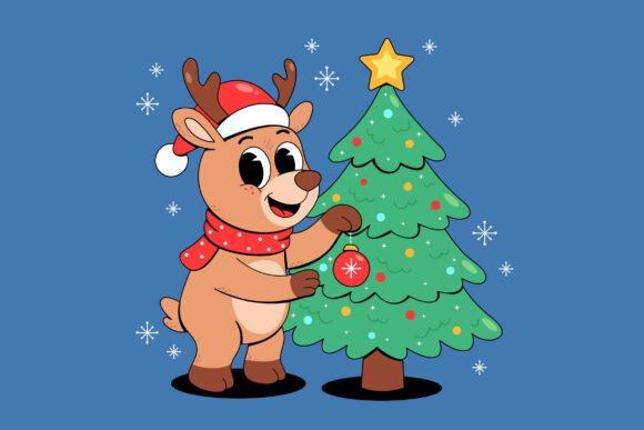 Cute Reindeer Decorating Christmas Tree Illustrations
