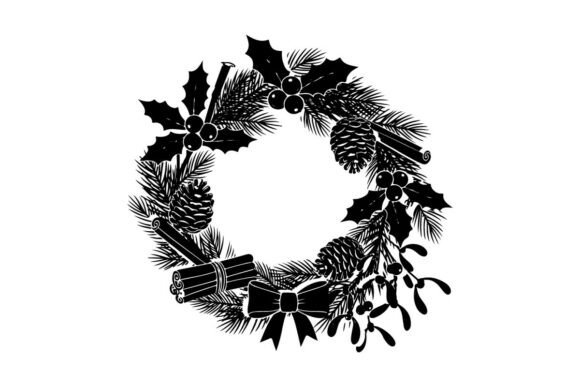 Vintage Christmas Wreath Silhouette with Illustrations